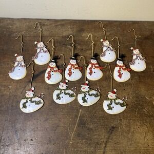 Set 12 Tin Snowman Christmas Ornaments Built In Hooks Hanging